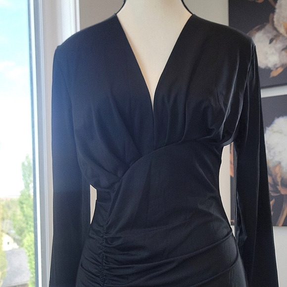 3/$30 Chic Black Ruched Long Sleeve Dress - Picture 2 of 9
